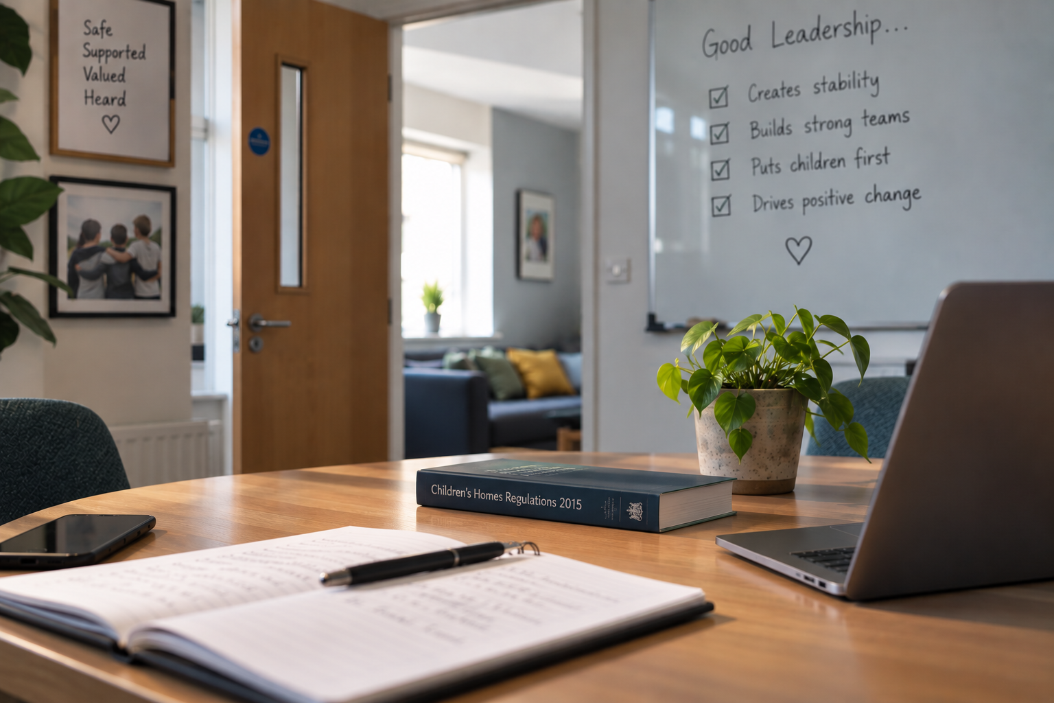 Home office desk with laptop, notebook, and coffee mug beside a whiteboard checklist