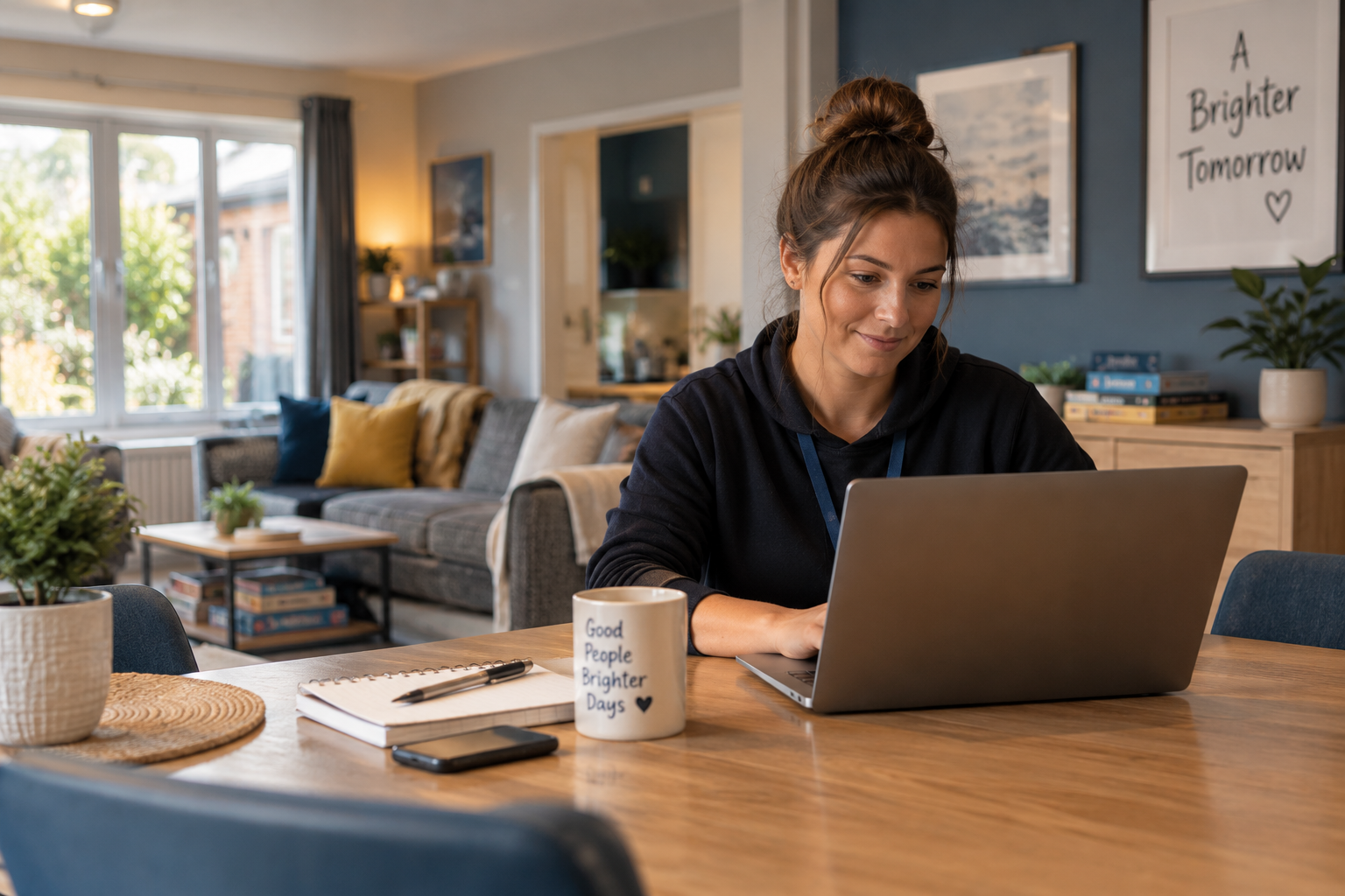 Woman working on a laptop at a wooden table in a bright living room, with a mug and notebooks nearby.