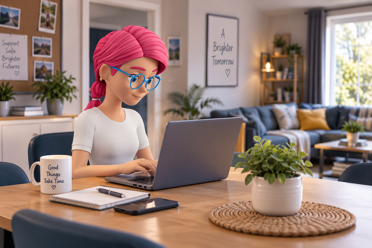 Person with pink hair and blue glasses working on a laptop at a desk in a cozy living room