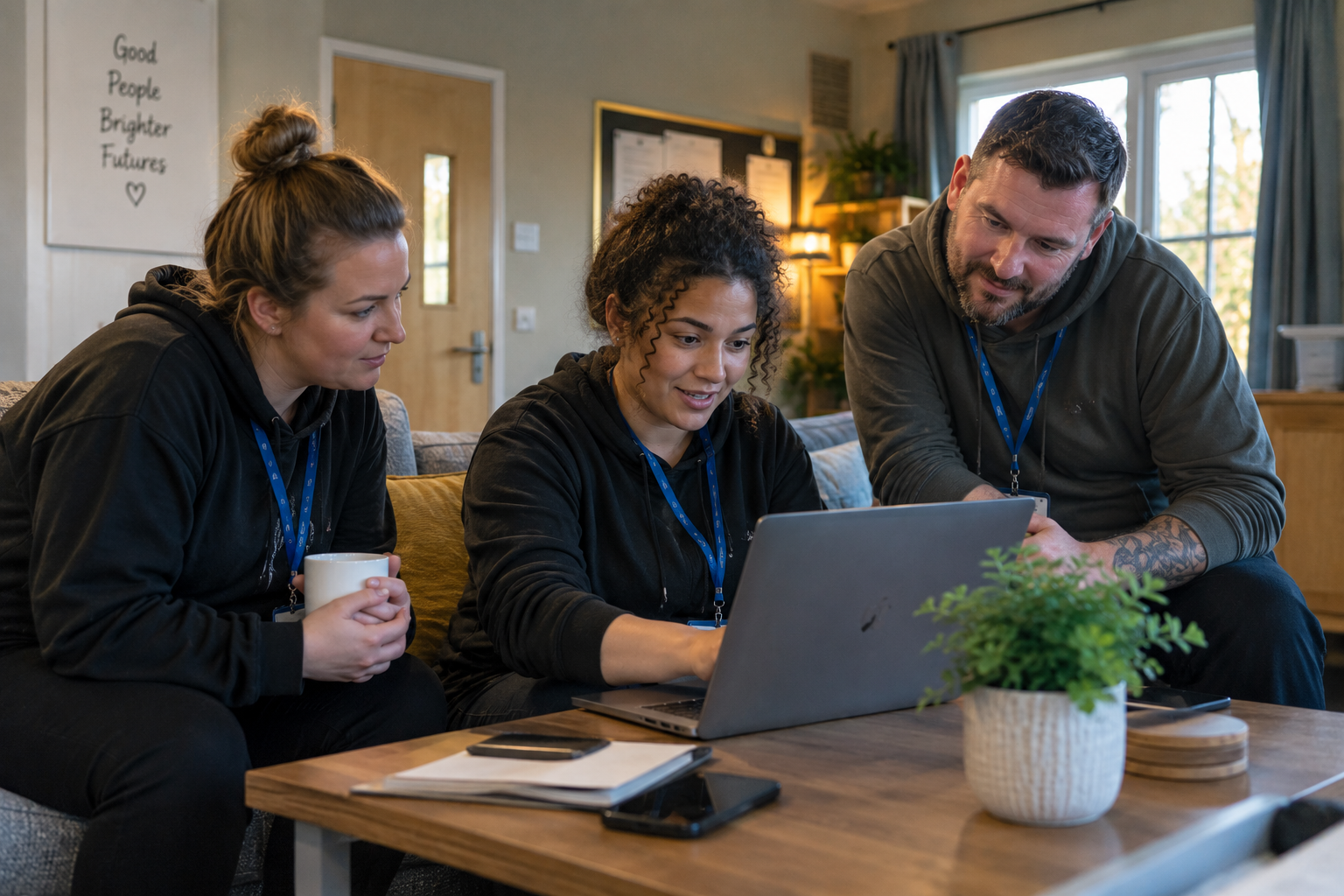 Three coworkers collaborate around a laptop at a wooden table in a bright room.