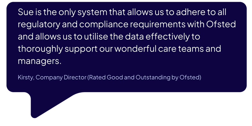 Purple speech bubble with a customer quote praising Sue for supporting compliance and school managers.
