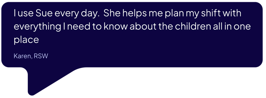 Purple speech bubble with white text praising Sue for helping plan a shift around child care.