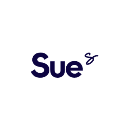 Sue logo in dark blue with a small cursive mark on a white background