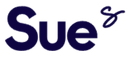 Stylized navy-blue “Sue” text logo on a white background