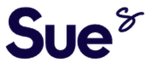 Stylized navy-blue “Sue” text logo on a white background