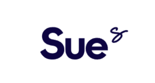 Blue “Sue” wordmark with a stylized lowercase “s” on a white background