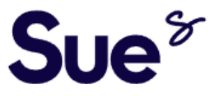Stylized navy-blue “Sue” text logo on a white background