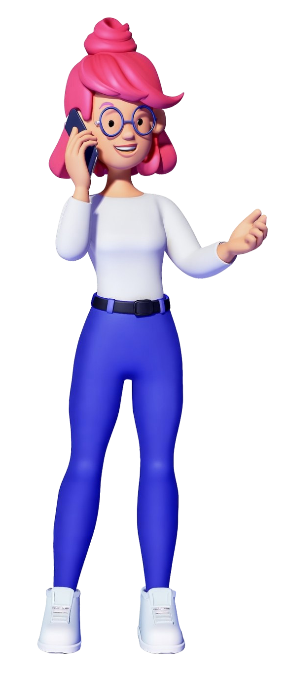 Cartoon woman with pink hair, glasses, white top, and blue pants standing and smiling