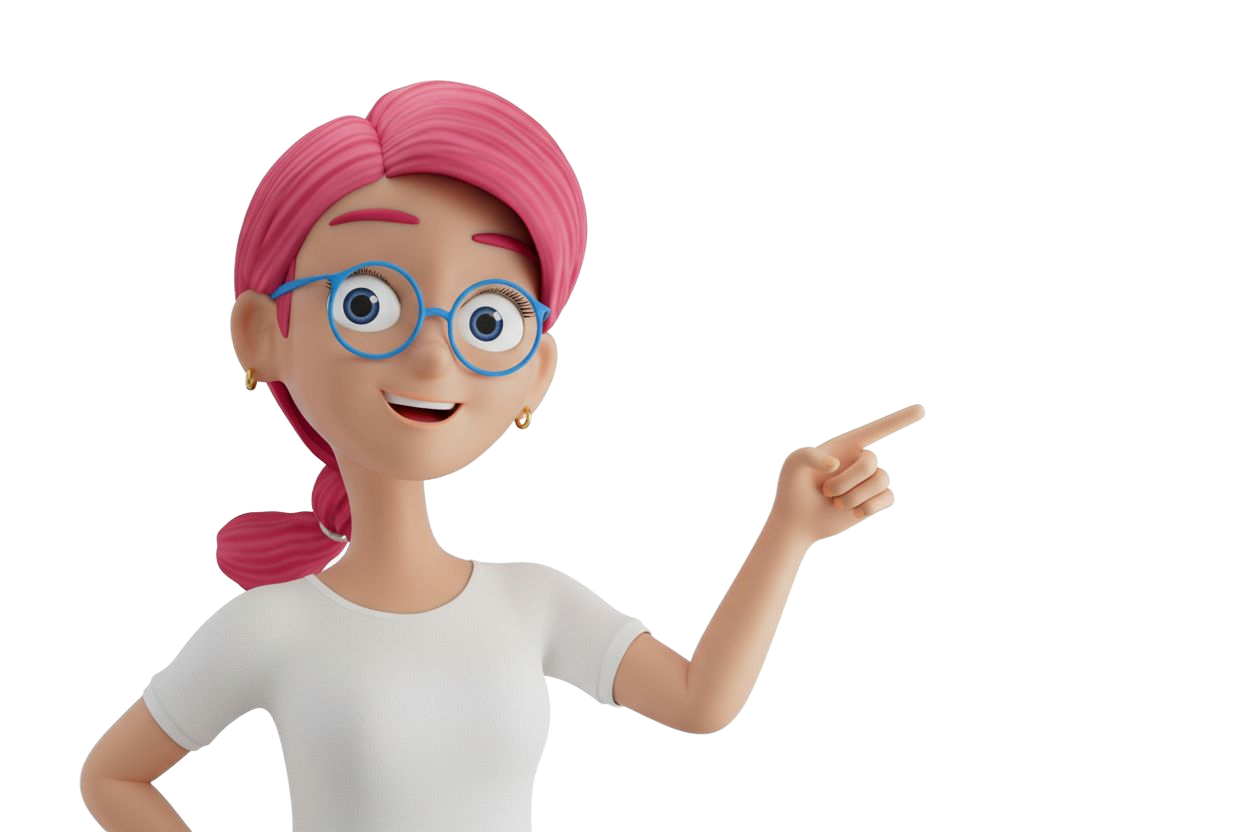 Cartoon character with pink hair and glasses smiling and pointing to the right