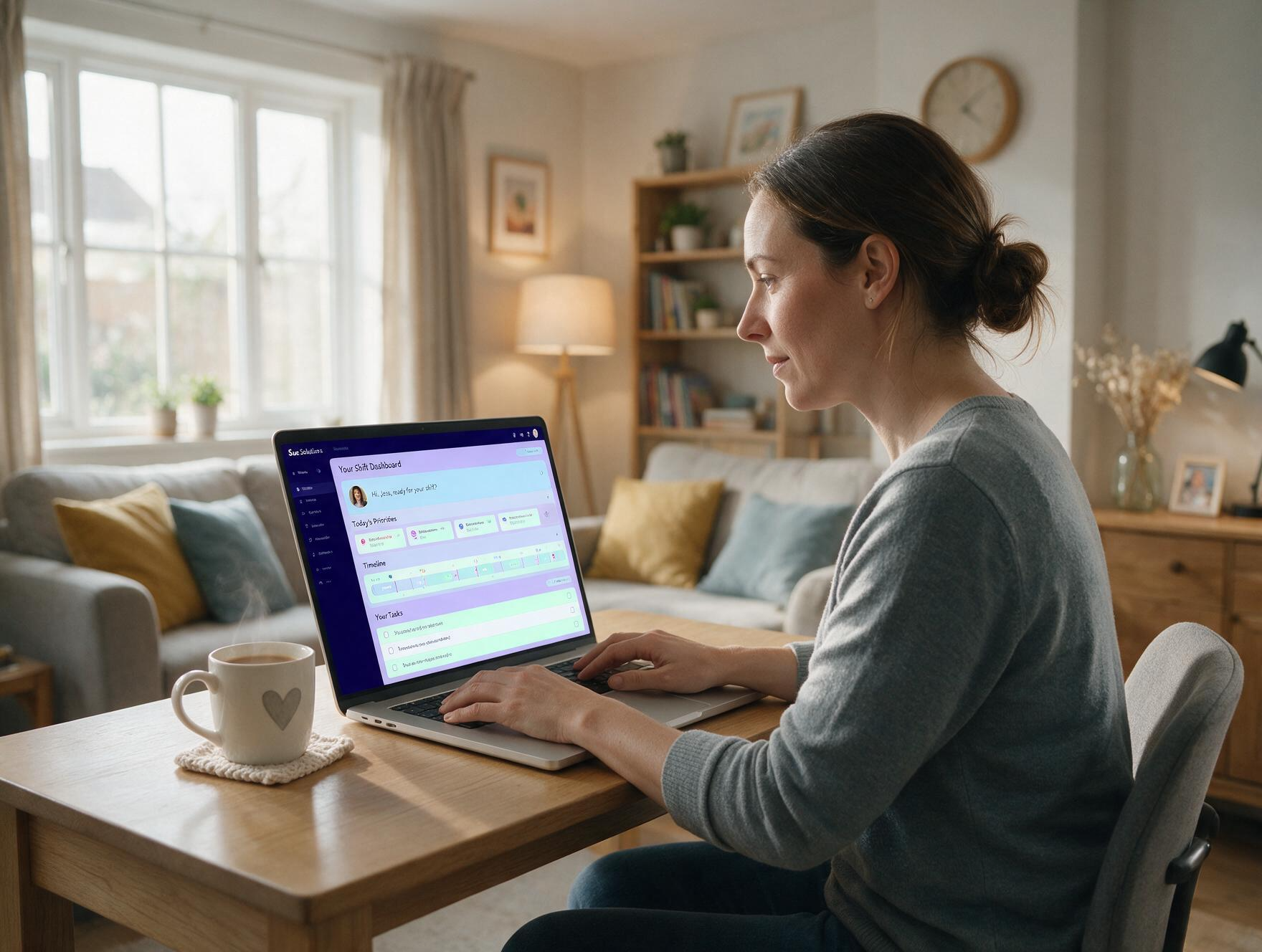 Woman using a laptop at a living room table, with a coffee cup and bright window nearby
