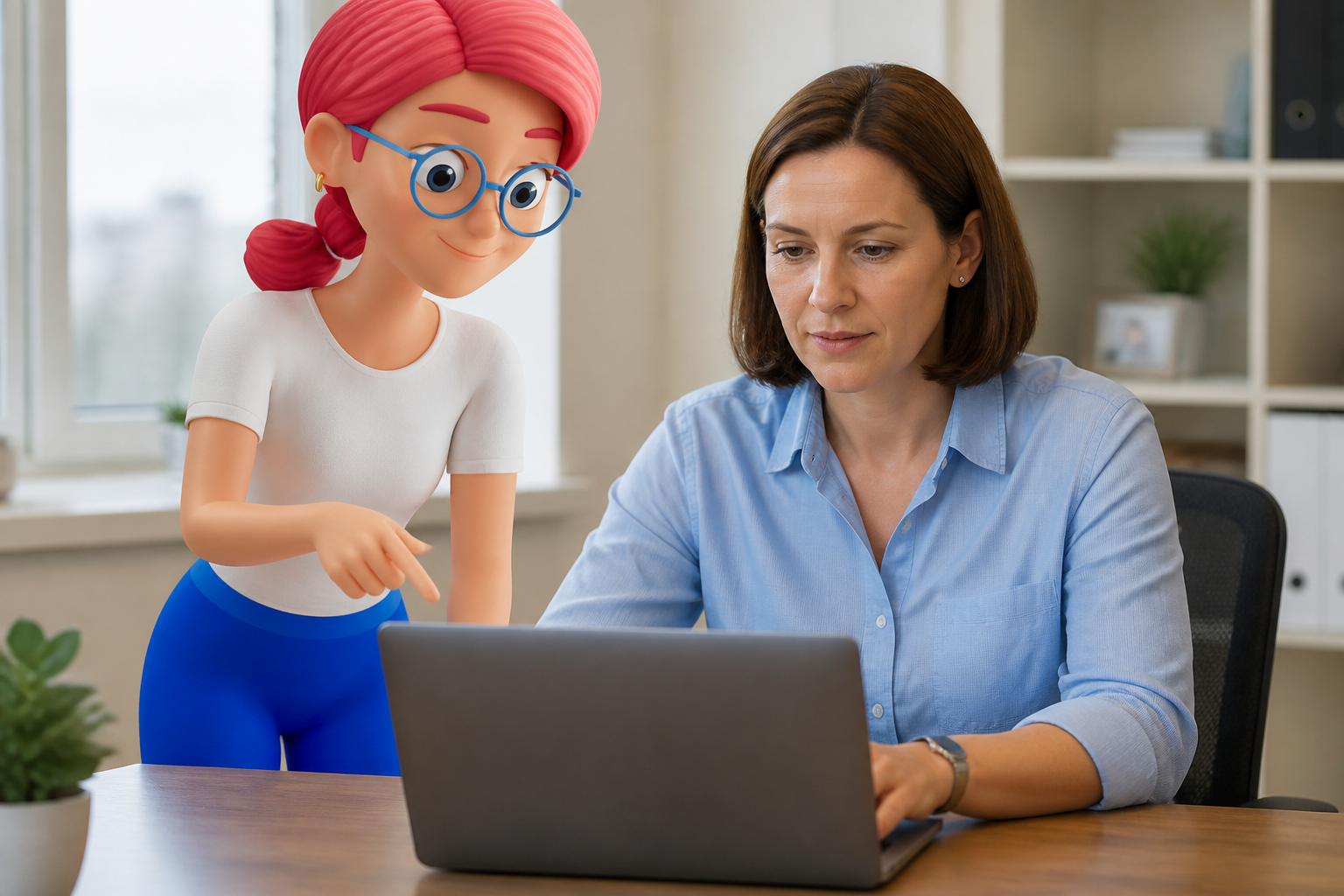 Woman and cartoon avatar collaborating at a laptop in an office, smiling at a desk