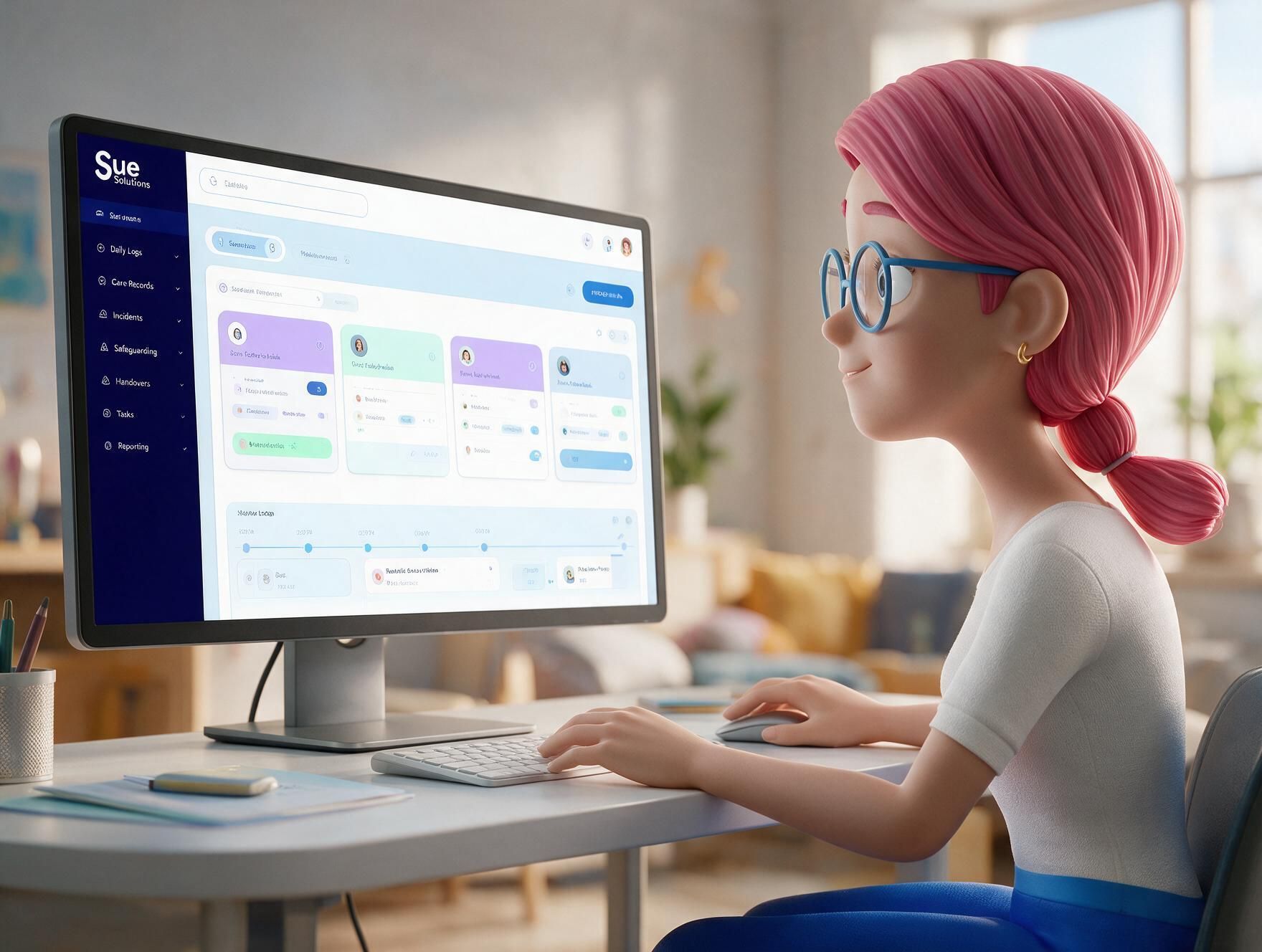 Person working on a laptop showing a colorful dashboard in a bright home office