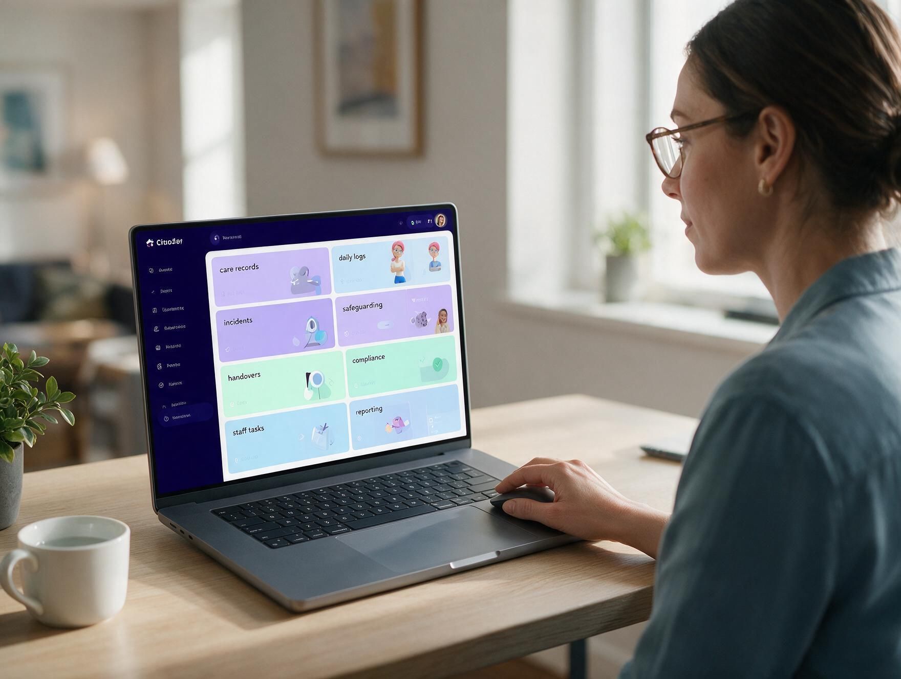 Person working on a laptop showing a colorful dashboard in a bright home office
