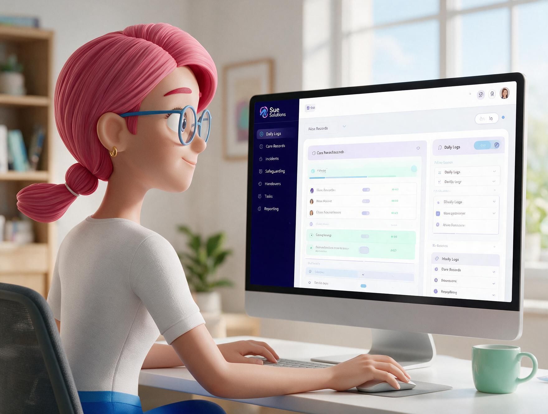 Person typing at a desktop computer with a dashboard dashboard on screen in a bright office