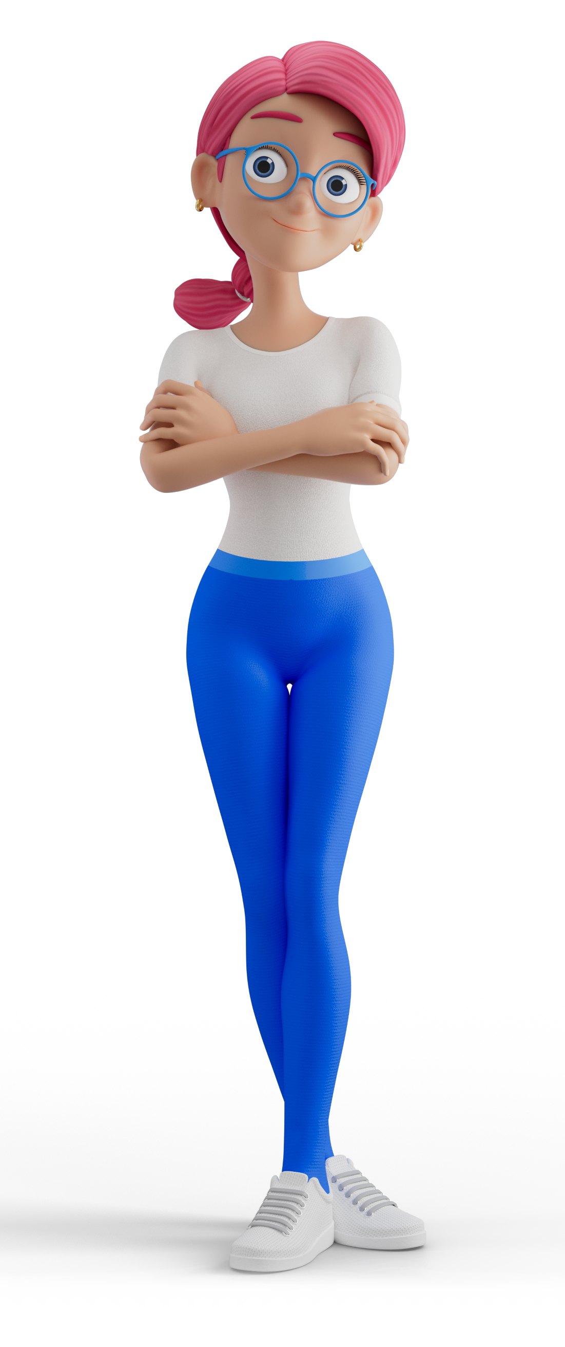 Cartoon woman with pink hair and glasses, standing with arms crossed, wearing a white shirt, blue leggings, and sneakers
