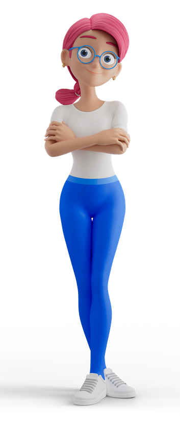 Cartoon woman with pink hair and glasses, standing with arms crossed, wearing a white shirt, blue leggings, and sneakers