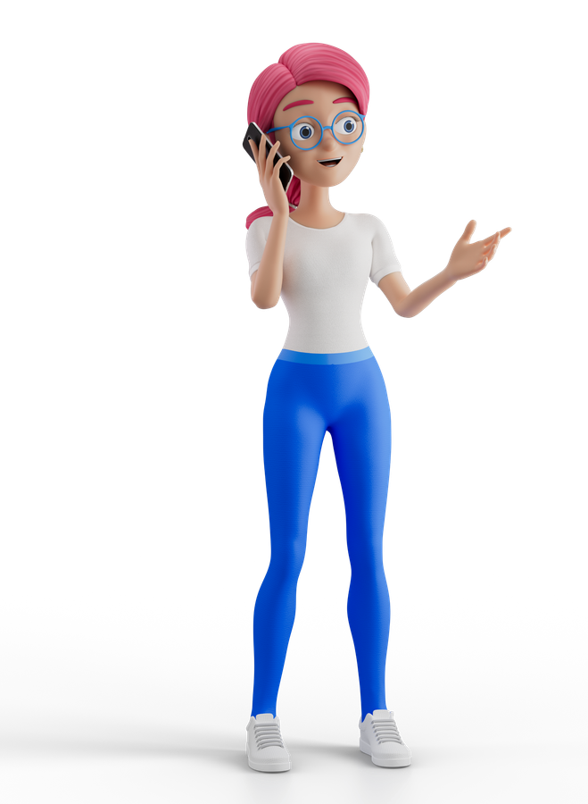 Cartoon woman with pink hair and glasses, holding a phone and gesturing while standing in a white top and blue pants.