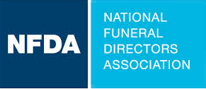 The logo for the national funeral directors association is blue and white.