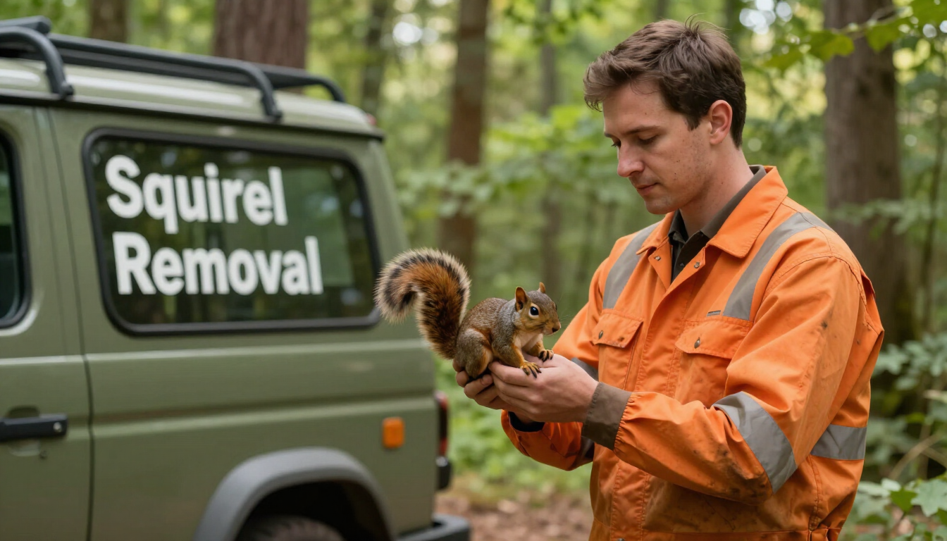 Man in orange jacket holding a squirrel beside a van labeled “Squirrel Removal” in a wooded area