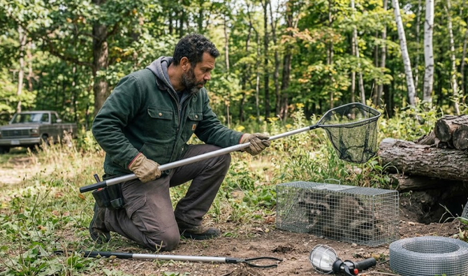 Man kneels outdoors grilling fish over an open fire in a wooded campsite.