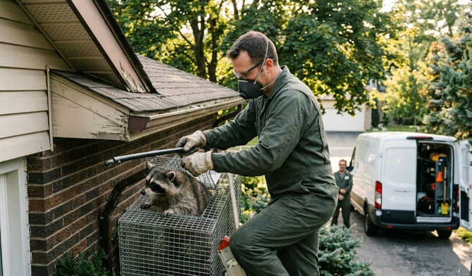 Worker in green coveralls cleaning a gutter beside a brick house, with a white van in the driveway.