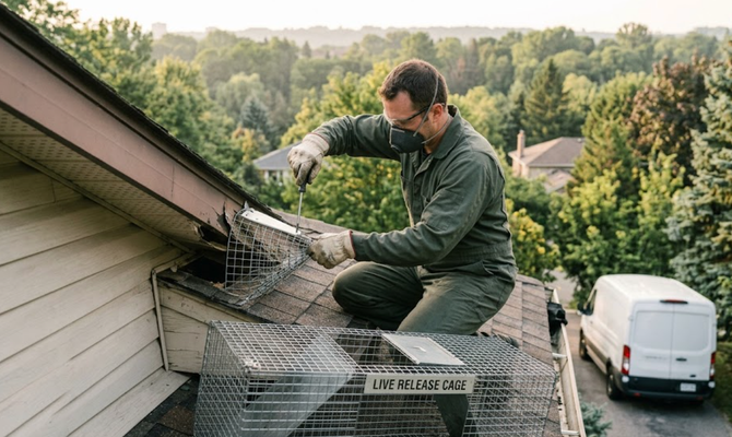 Worker repairing a roof gutter with wire mesh on a sloped house roof, wooded neighborhood in background