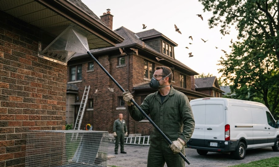 Worker cleaning a brick house window with a long pole beside a white van