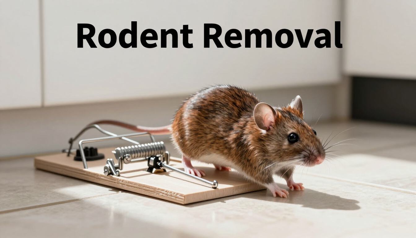Mouse on a spring trap on a wooden board, with “Rodent Removal” text in the background