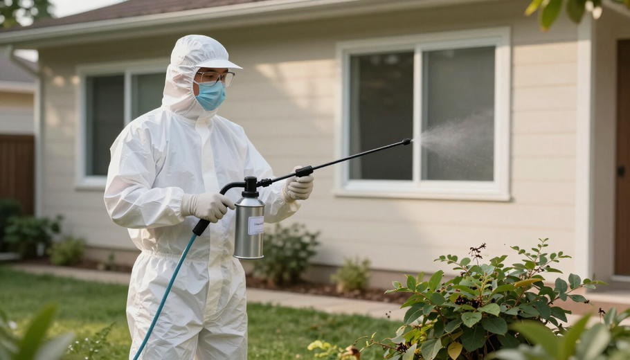 Person in protective gear spraying pesticide in a front yard beside a house.