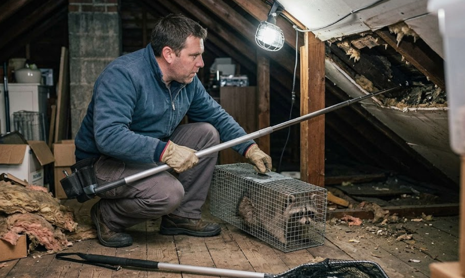 Worker crouches in a dusty attic, using a long tool beside a cage trap and exposed beams.
