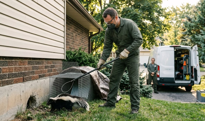 Man cleaning debris beside house, with truck and tools in the yard