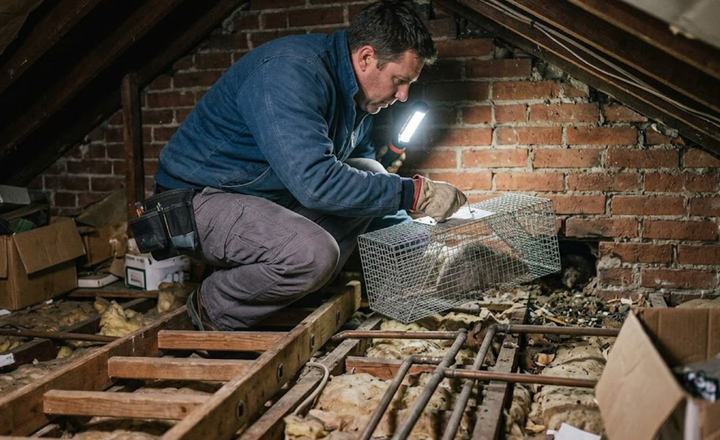 Man crouching in an attic, inspecting a brick wall with a flashlight and tools.