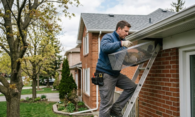 Man installing gutter guard on a brick house roof using a ladder, outdoors in a leafy yard