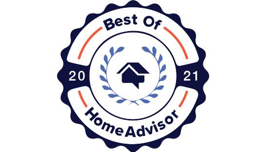 A blue and white badge that says best of home advisor