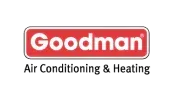 The logo for goodman air conditioning and heating is red and white.