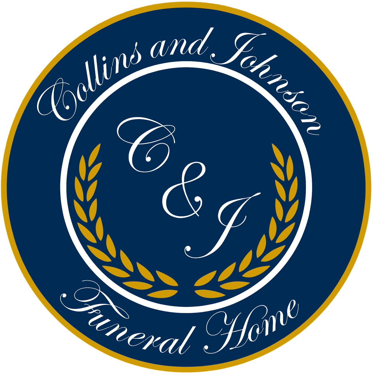 Collins and Johnson Funeral Home logo in navy, gold, and white with laurel wreath and initials C & J
