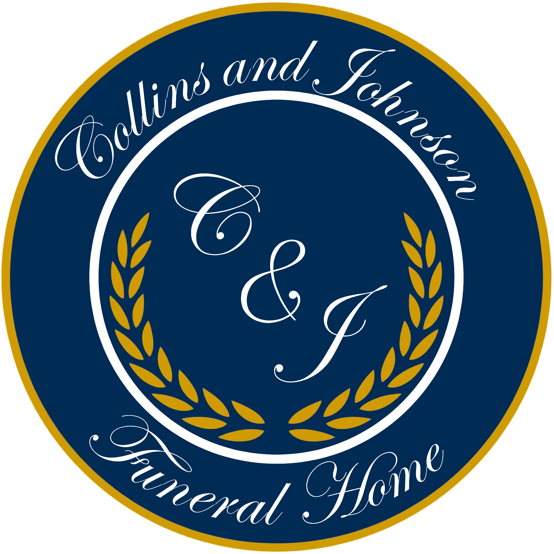 Collins and Johnson Funeral Home logo in navy, gold, and white with laurel wreath and initials C & J