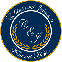 Collins and Johnson Funeral Home logo in navy, gold, and white with laurel wreath and initials C & J