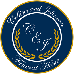 Collins and Johnson Funeral Home logo in navy, gold, and white with laurel wreath and initials C & J