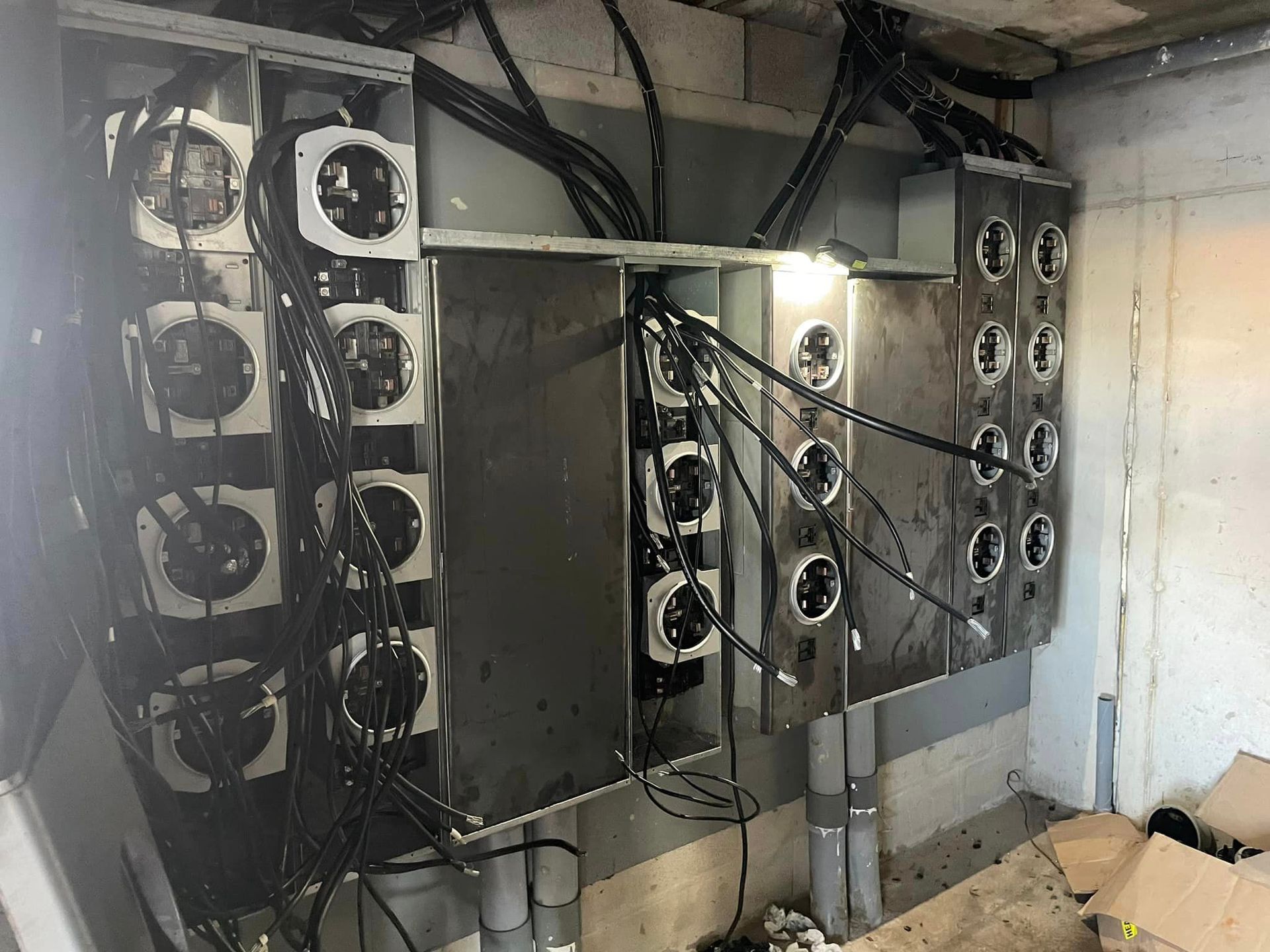 Metal electrical panels with numerous wires and fans mounted on a concrete wall.