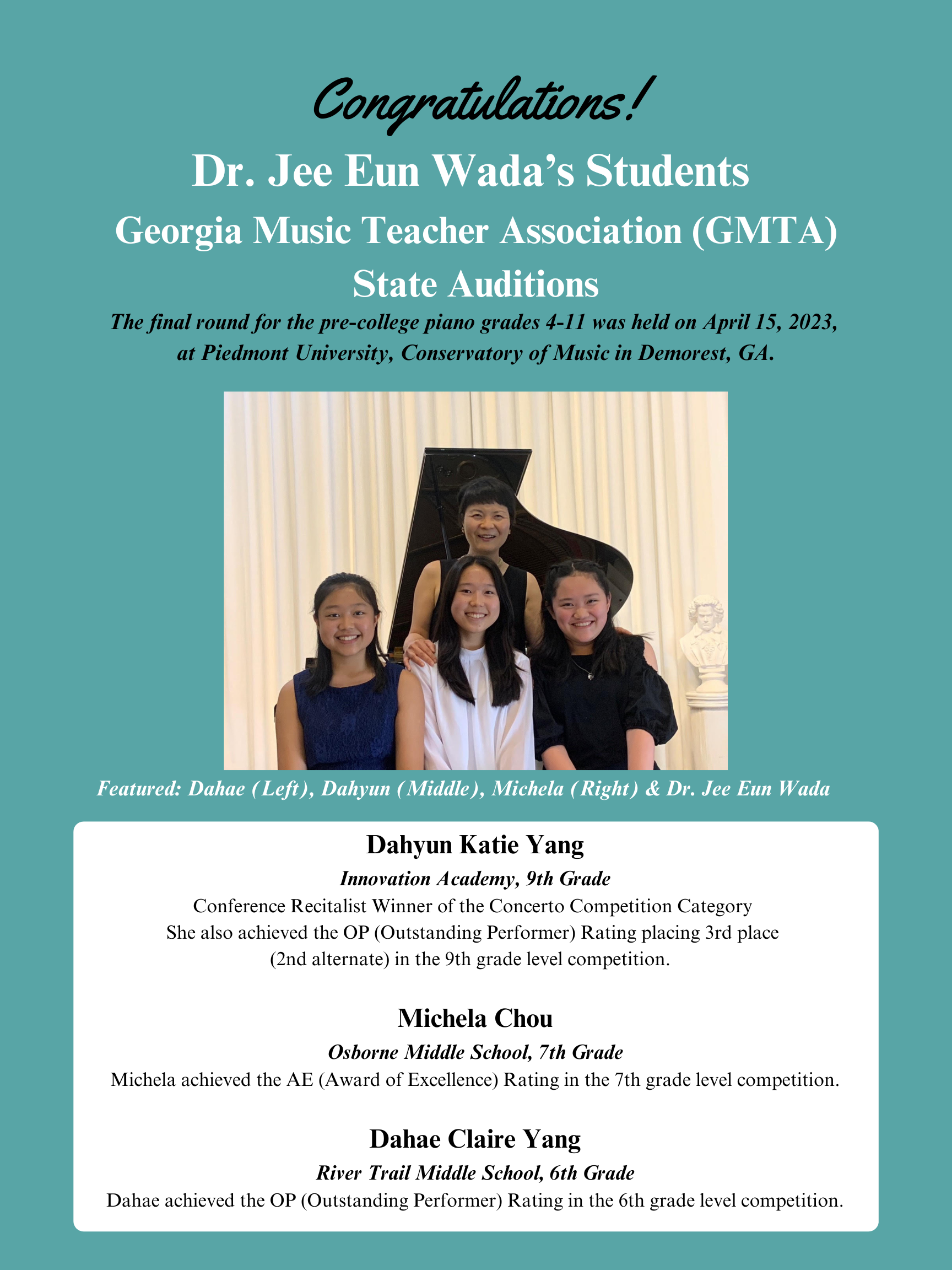2023 GMTA Piano Students of Dr. Jee Eun Wada