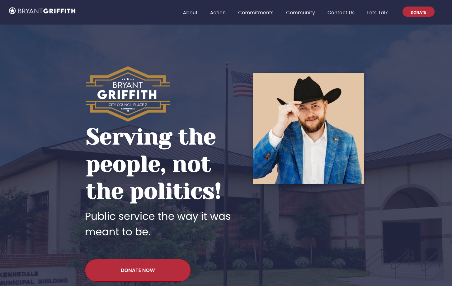 Campaign website for Bryant Griffith featuring his photo, the slogan