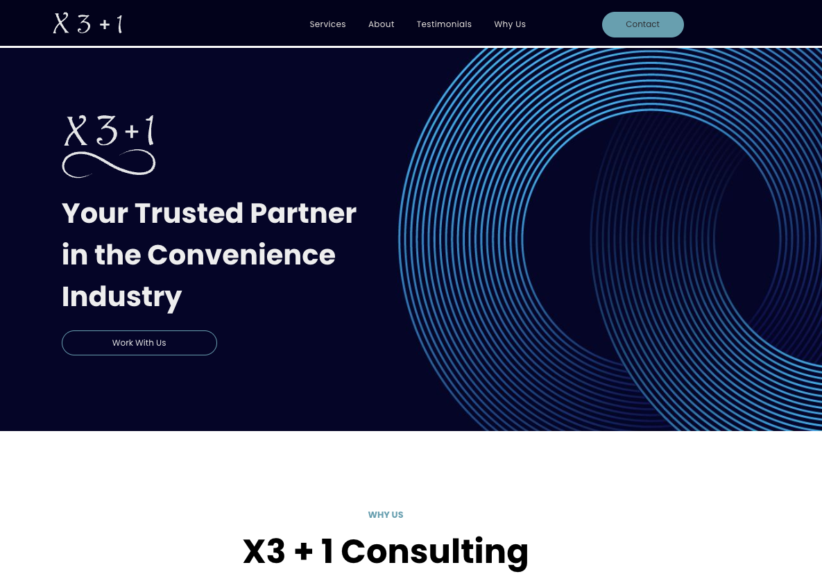 X3 + 1 Consulting website hero section with dark blue background, abstract circular blue lines, and business title.