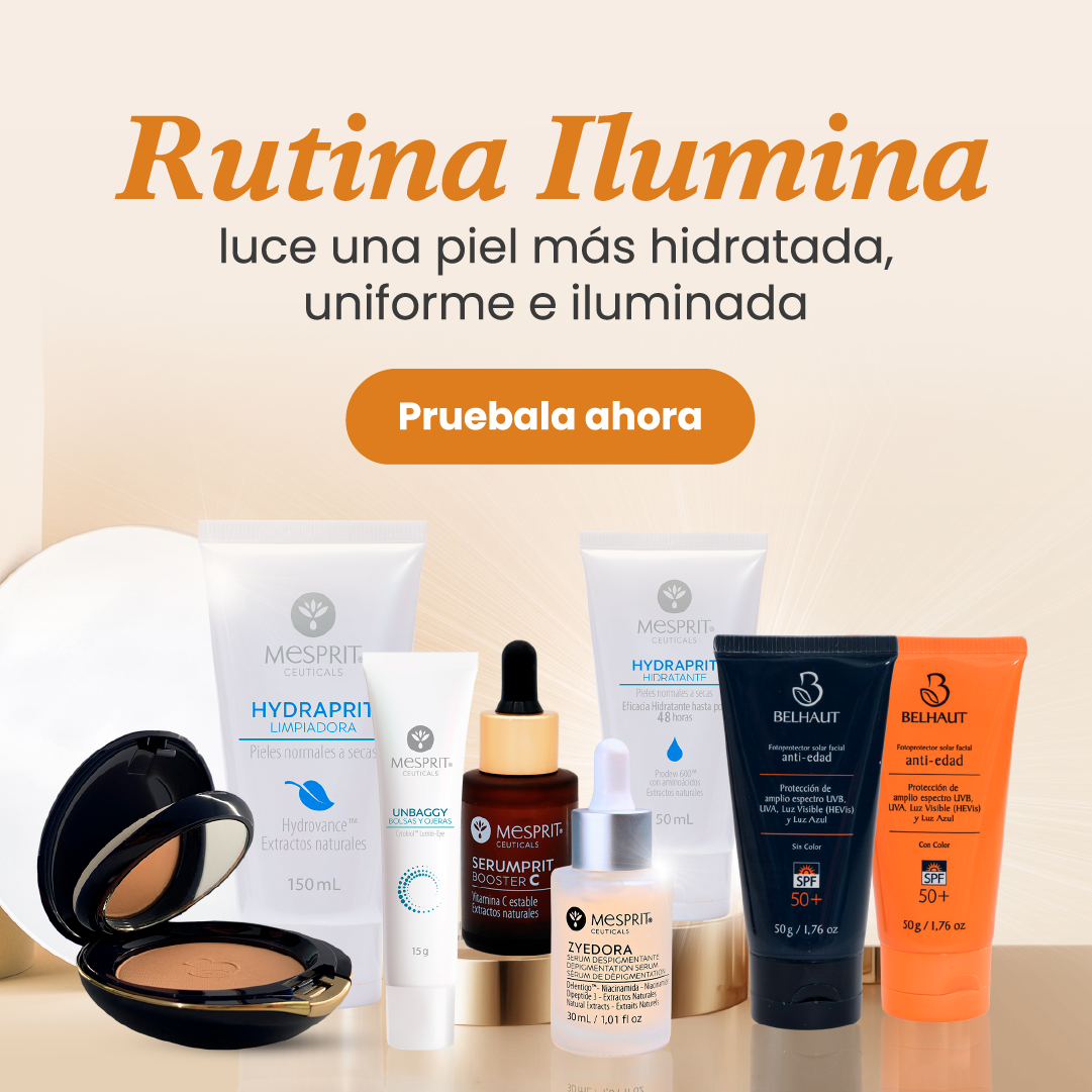 A display of various beauty products with the words rutina ilumina luce una piel mas hidratada uniforme e iluminada
