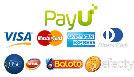 Logotipos para métodos de pago: PayU, Visa, Mastercard, American Express, Diners Club, PSE, Via, Baloto, Efecty.