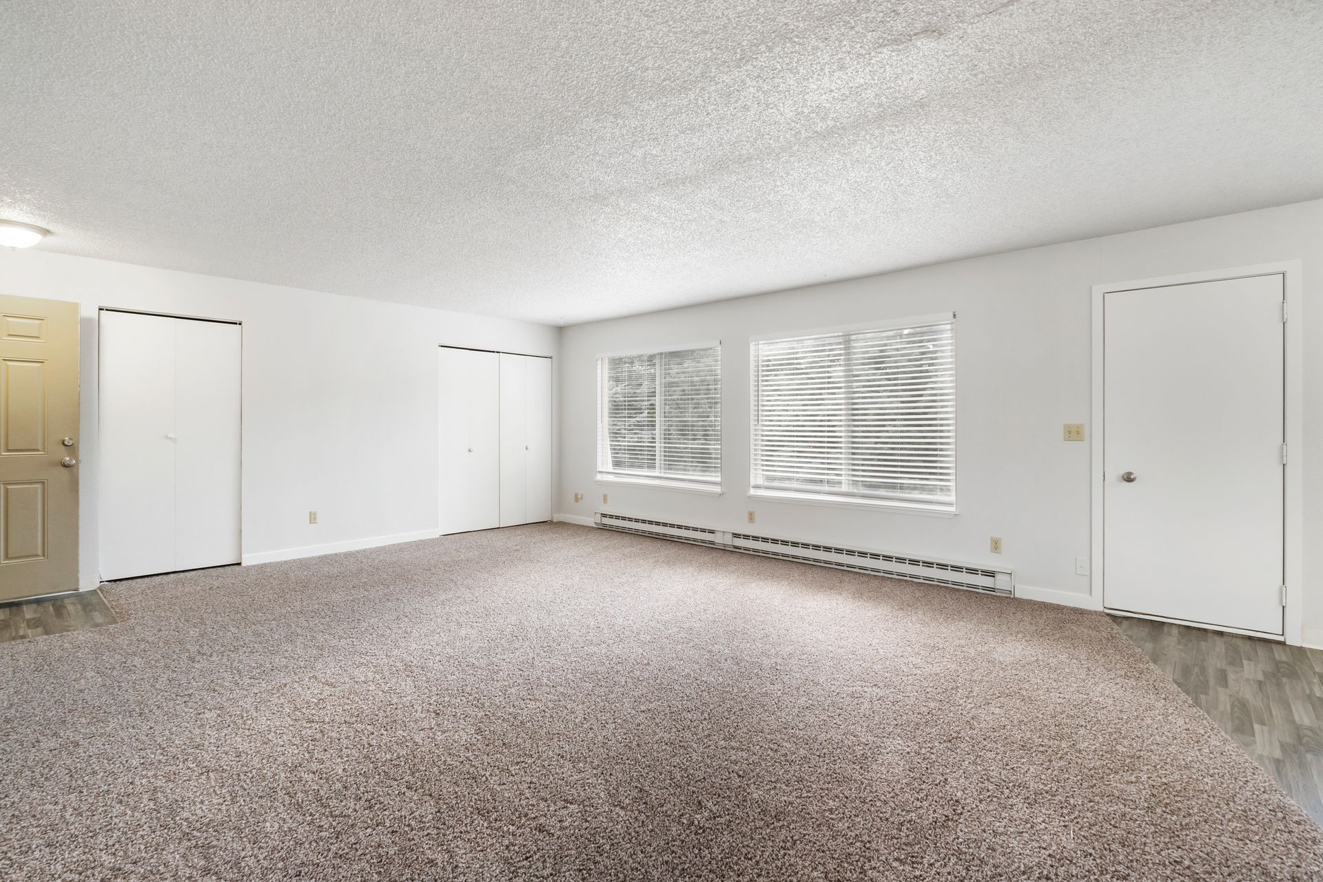 An empty living room with a carpeted floor and white walls.