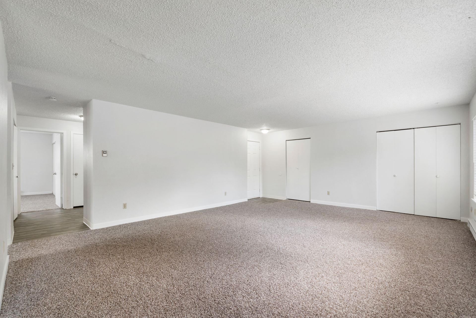 An empty living room with a carpeted floor and white walls.
