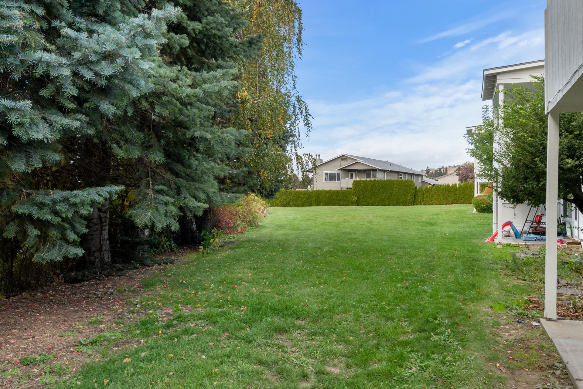 A large lush green yard with trees and a house in the background.