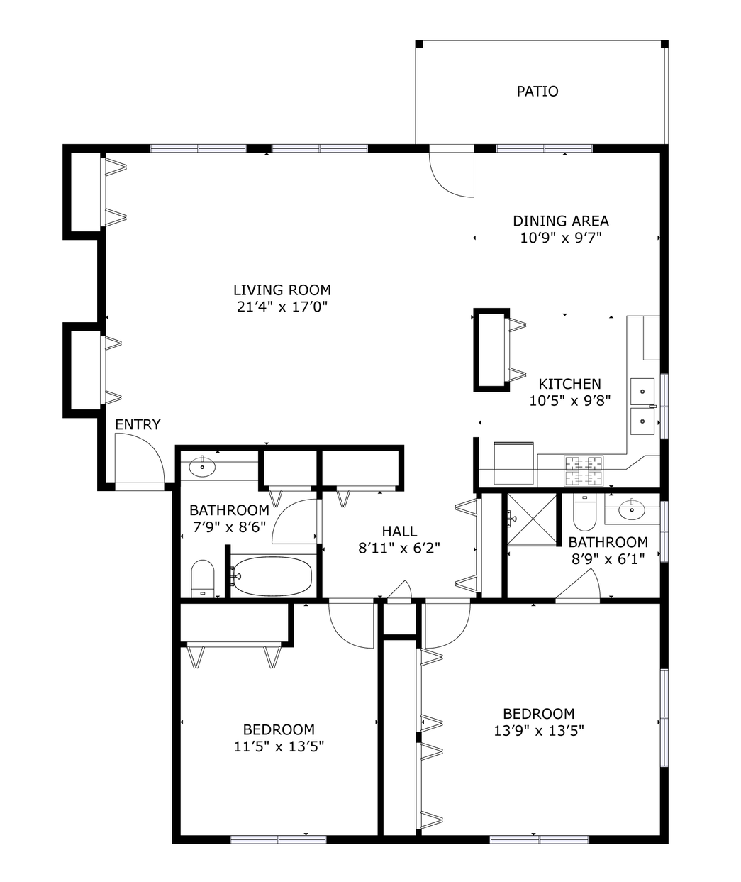 A black and white floor plan of an apartment with a patio.