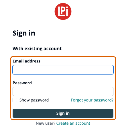 The LPi Dashboard sign-in page with the email address, password and Sign in button outlined